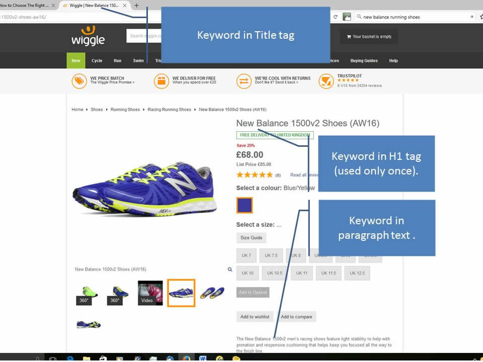 Example running shoe page from Wiggle.com