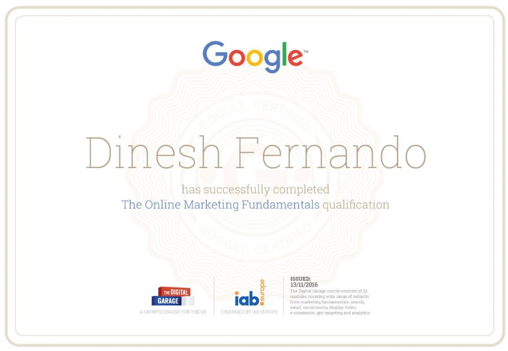 Dinesh Fernando Digital Garage Certificate