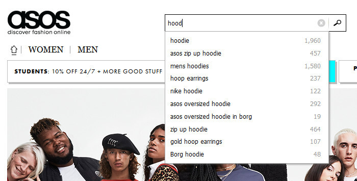 Asos search box autocomplete